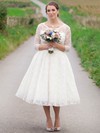 A-line Scoop Neck Lace Ruffles 3/4 Sleeve Affordable Tea-length Wedding Dresses #DOB00022616