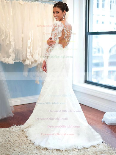 Trumpet/Mermaid Scalloped Neck Tulle Appliques Lace Sweep Train Long Sleeve Boutique Backless Wedding Dresses #DOB00022619