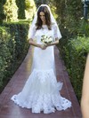 Elegant Off-the-shoulder Tulle Appliques Lace Sweep Train 1/2 Sleeve Trumpet/Mermaid Wedding Dresses #DOB00022623