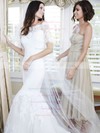 Elegant Off-the-shoulder Tulle Appliques Lace Sweep Train 1/2 Sleeve Trumpet/Mermaid Wedding Dresses #DOB00022623