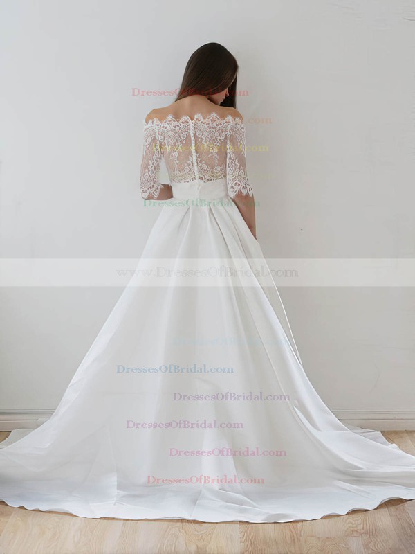 Unique A-line Off-the-shoulder Lace Taffeta Appliques Lace Court Train 1/2 Sleeve Two Piece Wedding Dresses #DOB00022626