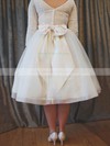 A-line Scoop Neck Lace Organza with Bow 3/4 Sleeve Cheap Tea-length Wedding Dresses #DOB00022627