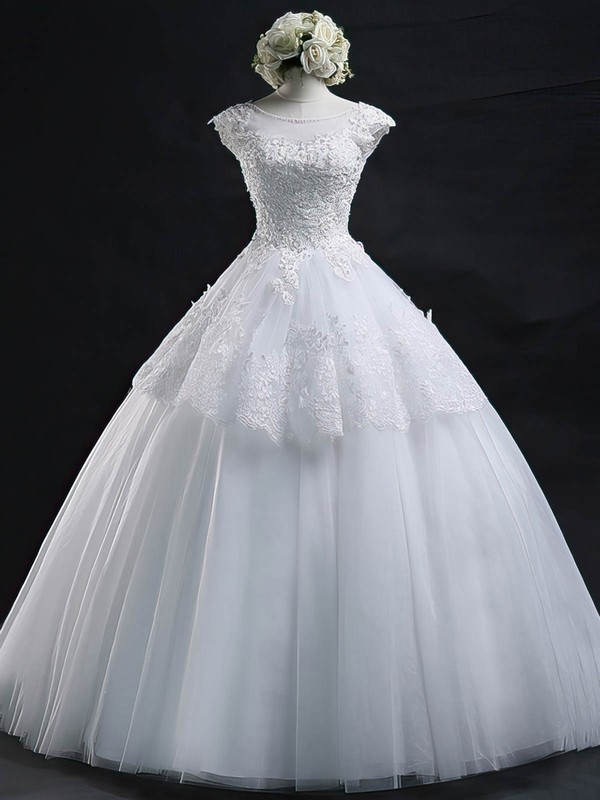 Graceful Scoop Neck Tulle Appliques Lace Floor-length Ball Gown Wedding Dresses #DOB00022629