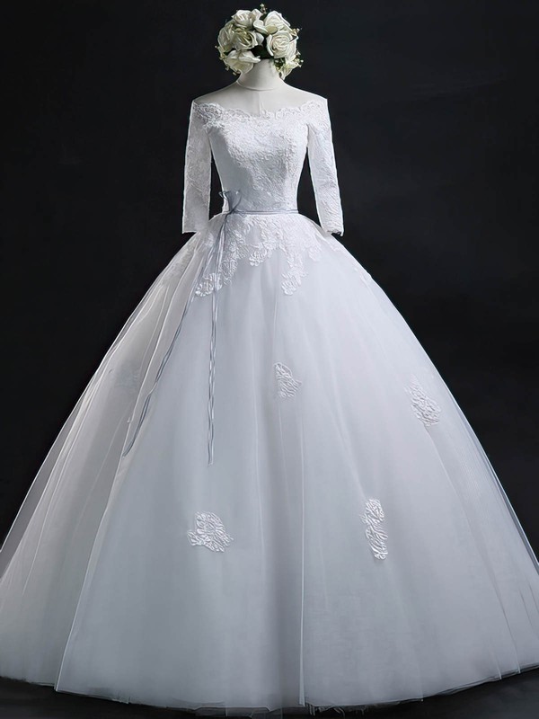 Off-the-shoulder Tulle Appliques Lace Floor-length 3/4 Sleeve Online Ball Gown Wedding Dresses #DOB00022630
