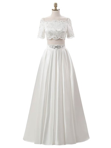 Custom Two Piece A-line Satin Beading Floor-length Short Sleeve Off-the-shoulder Wedding Dresses #DOB00022634