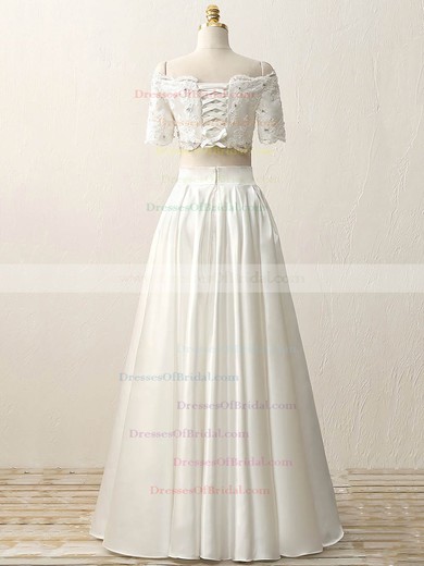 Custom Two Piece A-line Satin Beading Floor-length Short Sleeve Off-the-shoulder Wedding Dresses #DOB00022634