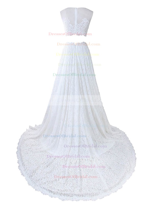 Two Piece A-line Scoop Neck Lace Tulle Appliques Lace Court Train Promotion Wedding Dresses #DOB00022635