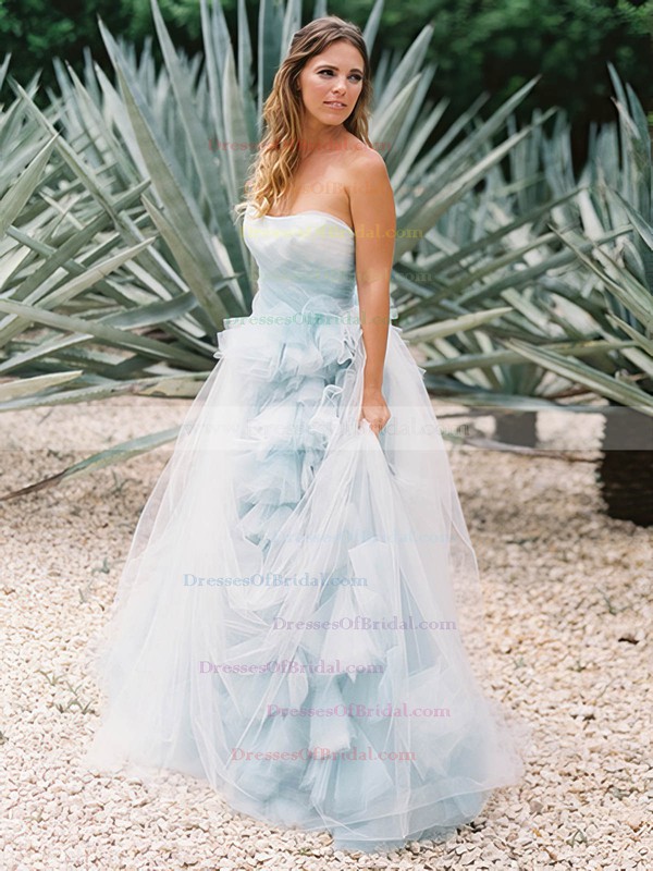 A-line Tulle with Ruffles Sweep Train Backless Fashion Strapless Wedding Dresses #DOB00022637