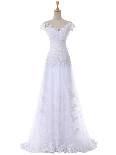 Discounted A-line V-neck Cap Straps Tulle Appliques Lace Sweep Train Wedding Dresses #DOB00022641