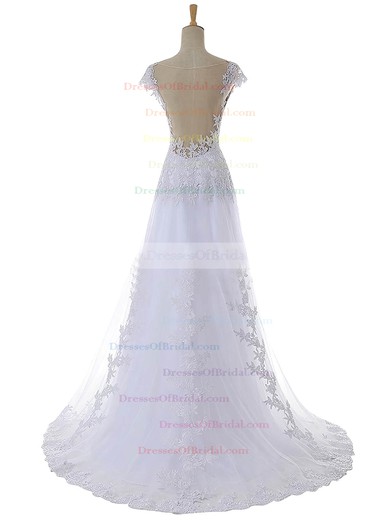 Discounted A-line V-neck Cap Straps Tulle Appliques Lace Sweep Train Wedding Dresses #DOB00022641
