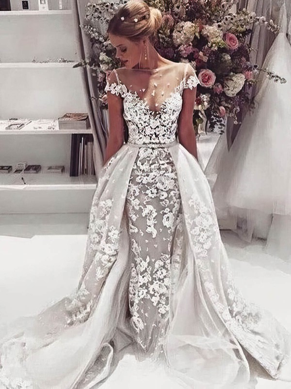 Scoop Neck Sheath/Column Tulle Appliques Lace Detachable Backless Exclusive Wedding Dresses #DOB00022646