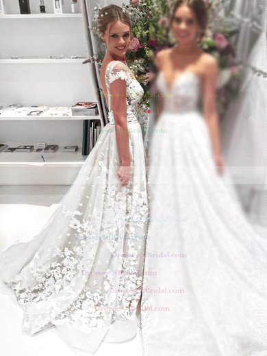 Scoop Neck Sheath/Column Tulle Appliques Lace Detachable Backless Exclusive Wedding Dresses #DOB00022646