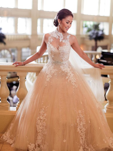 Glamorous Ball Gown Tulle Appliques Lace Sweep Train High Neck Wedding Dresses #DOB00022650