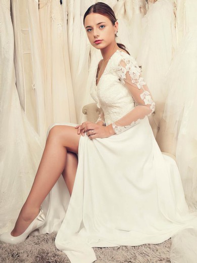 Funky Backless A-line V-neck Tulle Chiffon Appliques Lace Floor-length Long Sleeve Wedding Dresses #DOB00022652