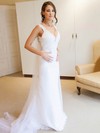 V-neck Sheath/Column Tulle Appliques Lace Sweep Train Backless Classy Wedding Dresses #DOB00022654