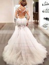 Glamorous Scoop Neck Tulle Appliques Lace Court Train Long Sleeve Trumpet/Mermaid Wedding Dresses #DOB00022656
