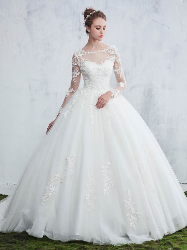 Sweet Scoop Neck Tulle Appliques Lace Sweep Train Ball Gown Long Sleeve Wedding Dresses #DOB00022657