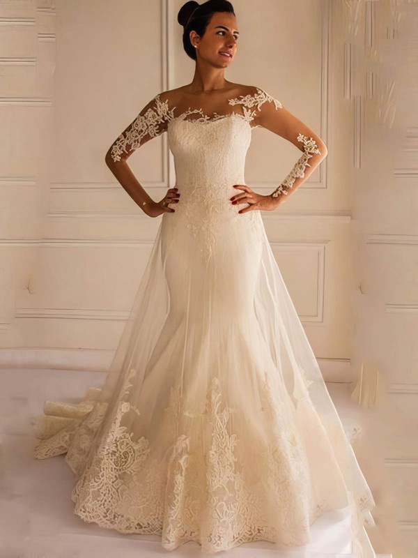 Modest Trumpet/Mermaid Scoop Neck Tulle Appliques Lace Court Train Long Sleeve Backless Wedding Dresses #DOB00022658