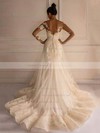 Modest Trumpet/Mermaid Scoop Neck Tulle Appliques Lace Court Train Long Sleeve Backless Wedding Dresses #DOB00022658