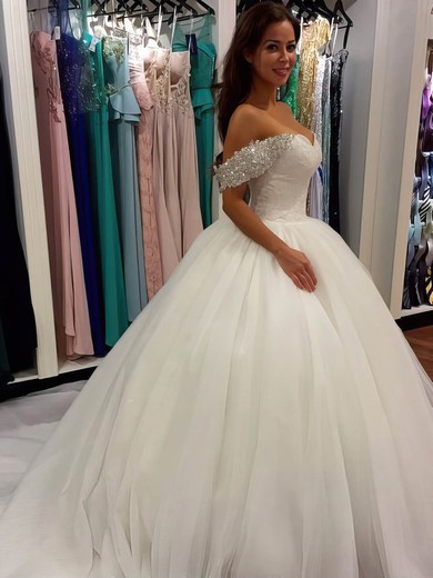 Fabulous Ball Gown Tulle with Beading Cathedral Train Off-the-shoulder Wedding Dresses #DOB00022659