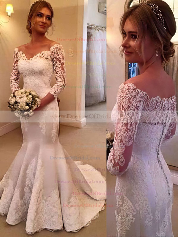 Off-the-shoulder Trumpet/Mermaid Satin Tulle Appliques Lace Sweep Train Elegant 3/4 Sleeve Wedding Dresses #DOB00022661