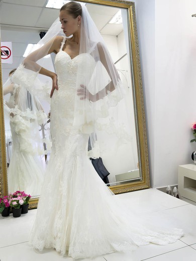 Perfect Trumpet/Mermaid Sweetheart Tulle Appliques Lace Sweep Train Backless Wedding Dresses #DOB00022662