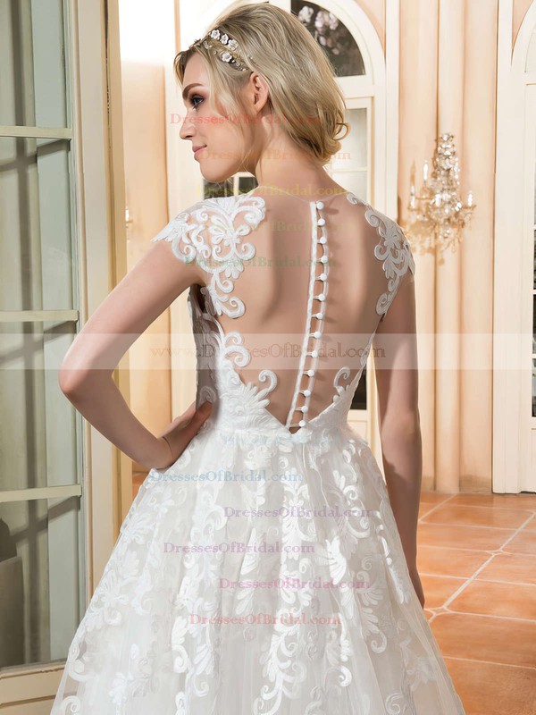 A-line Scoop Neck Cap Straps Tulle with Appliques Lace Sweep Train Pretty Wedding Dresses #DOB00022665