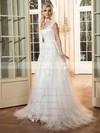 A-line Scoop Neck Cap Straps Tulle with Appliques Lace Sweep Train Pretty Wedding Dresses #DOB00022665