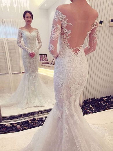 New Trumpet/Mermaid Tulle Appliques Lace Court Train Long Sleeve Off-the-shoulder Wedding Dresses #DOB00022666