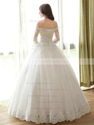 Graceful Ball Gown Off-the-shoulder Tulle Appliques Lace Floor-length 3/4 Sleeve Wedding Dresses #DOB00022667