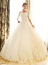 Stunning Backless Ball Gown Scoop Neck Tulle Appliques Lace Chapel Train 1/2 Sleeve Wedding Dresses #DOB00022670
