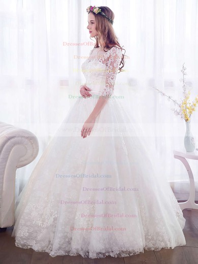 Ball Gown Scoop Neck Lace Tulle Appliques Lace Floor-length 3/4 Sleeve Beautiful Wedding Dresses #DOB00022671