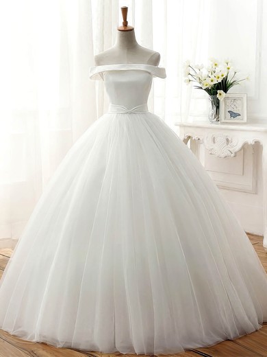 Vintage Ball Gown Tulle Sashes / Ribbons Floor-length Off-the-shoulder Wedding Dresses #DOB00022672