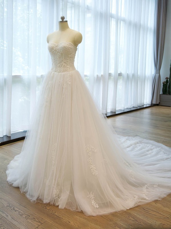 A-line Sweetheart Tulle with Beading Chapel Train Original Wedding Dresses #DOB00022676