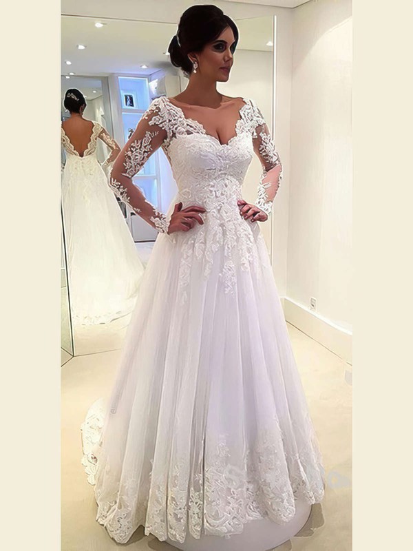 Online Backless A-line V-neck Tulle Appliques Lace Sweep Train Long Sleeve Wedding Dresses #DOB00022677