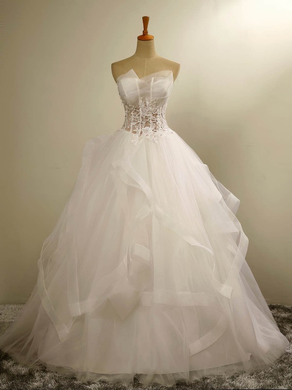 Inexpensive Sweetheart Tulle with Appliques Lace Floor-length Ball Gown Wedding Dresses #DOB00022678