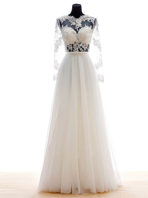 Online A-line Scalloped Neck Chiffon Tulle Appliques Lace Floor-length Long Sleeve Wedding Dresses #DOB00022682