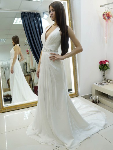 Affordable Halter A-line Chiffon Beading Court Train Backless Wedding Dresses #DOB00022684
