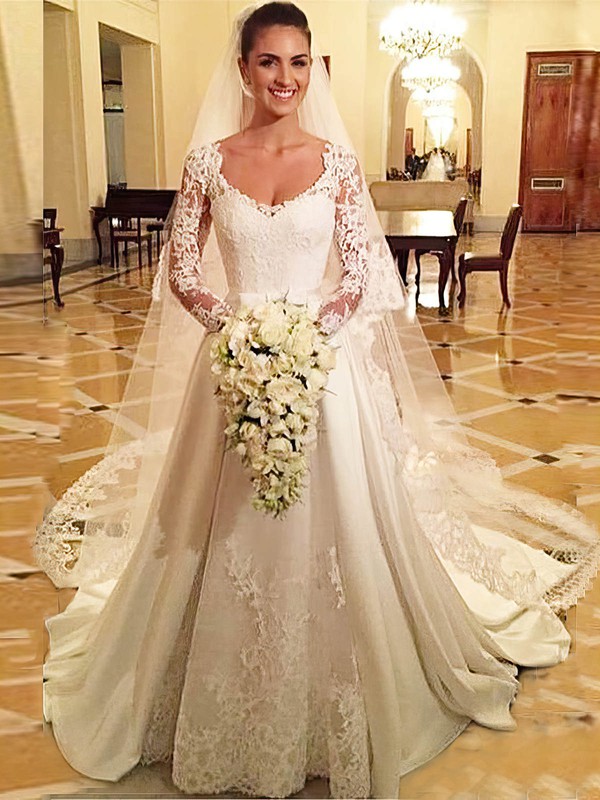 Classic A-line V-neck Satin Tulle Appliques Lace Court Train Long Sleeve Wedding Dresses #DOB00022686