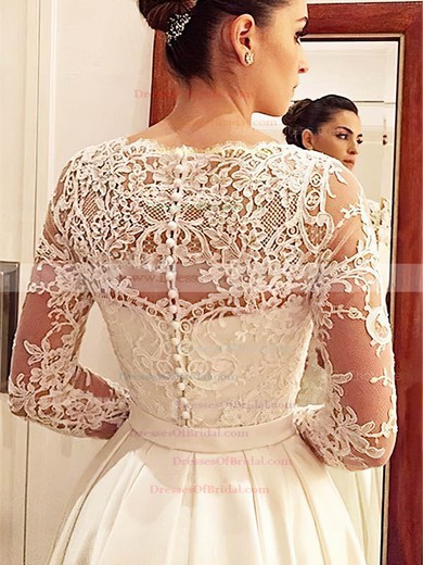 Classic A-line V-neck Satin Tulle Appliques Lace Court Train Long Sleeve Wedding Dresses #DOB00022686