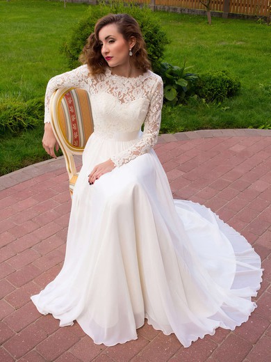 A-line Scoop Neck Lace Chiffon Sashes / Ribbons Sweep Train Long Sleeve New Style Wedding Dresses #DOB00022687