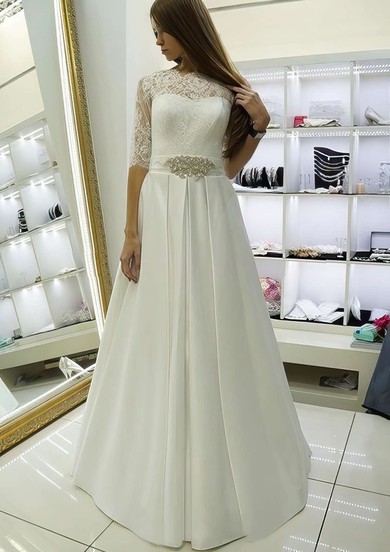 Elegant A-line Scalloped Neck Satin Lace Sashes / Ribbons Floor-length 1/2 Sleeve Wedding Dresses #DOB00022688