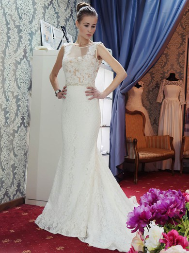 Scoop Neck Lace Tulle Beading Court Train Backless Trumpet/Mermaid New Arrival Wedding Dresses #DOB00022689
