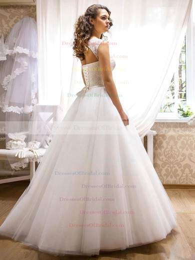 Beautiful Scoop Neck Tulle with Appliques Lace Floor-length Princess Wedding Dresses #DOB00022690