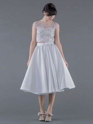 Two Piece A-line Scoop Neck Lace Satin Appliques Lace Informal Tea-length Wedding Dresses #DOB00022692