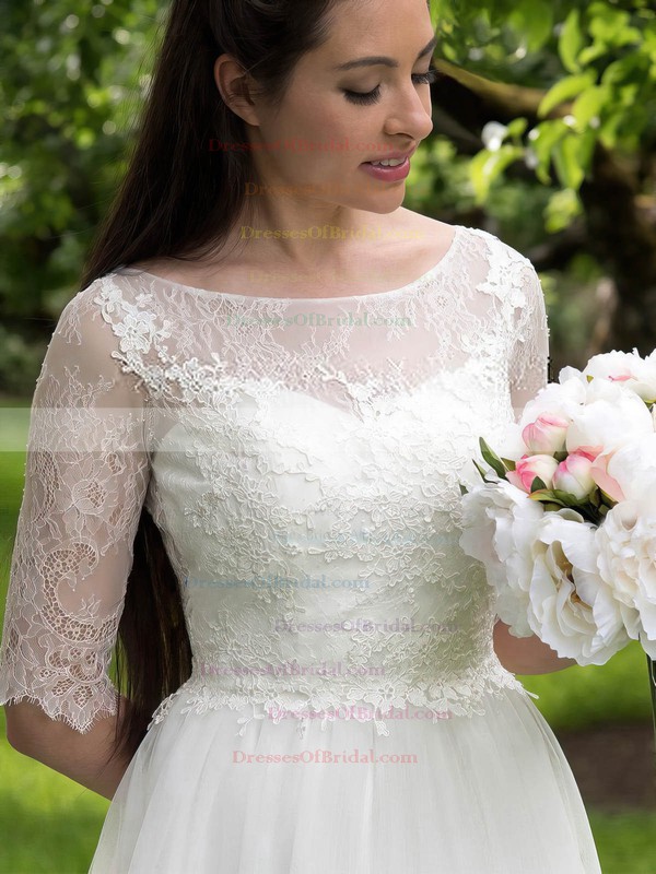 Popular A-line Scoop Neck Tulle Lace Appliques Lace Sweep Train 1/2 Sleeve Wedding Dresses #DOB00022693