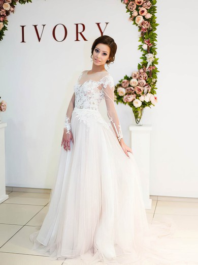 Glamorous A-line Scoop Neck Tulle Appliques Lace Sweep Train Long Sleeve Wedding Dresses #DOB00022698
