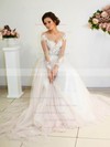 Glamorous A-line Scoop Neck Tulle Appliques Lace Sweep Train Long Sleeve Wedding Dresses #DOB00022698