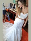 Newest Trumpet/Mermaid Sweetheart Satin Tulle Pearl Detailing Court Train Two Piece Wedding Dresses #DOB00022699
