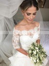 Famous A-line Tulle Lace Cascading Ruffles Court Train Off-the-shoulder 1/2 Sleeve Wedding Dresses #DOB00022700